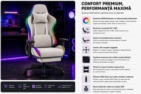 Scaun Gaming cu RGB, Iluminare LED Multicolor, Telecomanda, Cotiere 3D, Reclinare 180°, Suport Picioare, Catifea, Gri