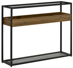 HOMCOM Masa Consola pentru Intrare in Stil Industrial, Blat din Sticla, Cadru  din Otel si Lemn, Masuta pentru Living si Sufragerie, Maro Rustic