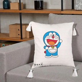 Perna Personalizata Doraemon Salutand, 40x40 cm, Bej cu Franjuri, Husa Detasabila, Perna Inclusa, BEKZ®