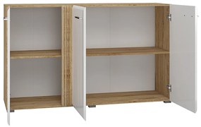 Comoda cu 3 usi, alb lucios+stejar, 150x90x42 cm, canturi abs, inchidere silentioasa usa , sertare extensie totala