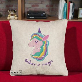 Perna Decorativa Unicorn Believe in Magic, 40x40 cm, Bej Canapea, Husa Detasabila, Perna Inclusa, BEKZ®