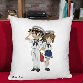 Perna Personalizata Detective Conan Conan si Ai Sailor, 40x40 cm, Alb Pufos, Husa Detasabila, Perna Inclusa, BEKZ®