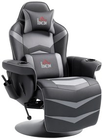 HOMCOM Fotoliu de gaming, funcție de masaj, spătar reglabil, suport pentru picioare, până la 120 kg, cadru din oțel, piele ecologică, Gri | Aosom Romania