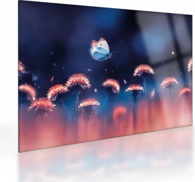 Tablou pe sticlă cu păpădii cu fluture albastru (70x50 cm)