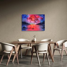 Tablou pe sticlă - Apariția cailor spațiali peste lac, acuarelă (70x50 cm)