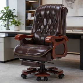 Regal Relax – Scaun directorial din Piele Naturală si Lemn Masiv, Masaj in 7 puncte, Funcție Încălzire, Înclinare 160°, Suport Picioare Extensibil, Sezut cu Arcuri, Telecomandă, Maro Inchis