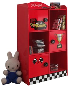 Set Cameră Auto pentru Copii: Pat GRAND TURISMO și Bibliotecă RACER, 2 Piese, Albastru/Roșu (MDF) – Vipack