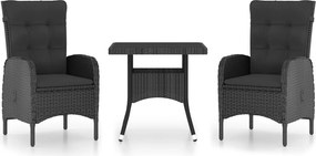 vidaXL Set mobilier grădină, 3 piese, negru, poliratan și sticlă