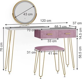Masuta machiaj cu Oglinda LED si 2 Sertare pentru Cosmetice, Set Masa toaleta 120 cm, Alb, masuta cosmetica, vanity - SEA394