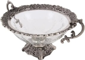 Bol decorativ din sticlă gravată și aluminiu, argintiu, cu mânere și picior decorat, aspect vintage, finisaj antichizat, 24 x 48 x 38 cm,