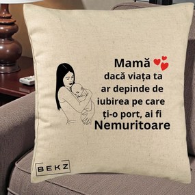 Cadou pentru Mama - Perna Personalizata Mama Nemuritoare Linie, 40x40 cm, Bej, Husa Detasabila, Perna Inclusa, BEKZ®