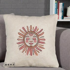 Perna Decorativa Soare Roz Tribal, 40x40 cm, Bej Canapea, Husa Detasabila, Perna Inclusa, BEKZ®