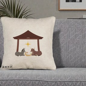 Perna Decorativa Ieslea din Betleem cu Iesle Asin si Bou, 40x40 cm, Bej Canapea, Husa Detasabila, Perna Inclusa, BEKZ®