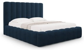 Pat matrimonial albastru închis tapițat cu spațiu de depozitare cu somieră 160x200 cm Kelp – Micadoni Home
