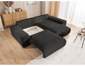 Colțar gri închis extensibil, cu spațiu de depozitare, cu tapițerie din catifea reiată (cu colț pe partea dreaptă) Sarina – Ropez