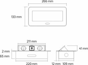 Priză încorporabilă în blat Kombibox Design Light, 3 prize Schuko, aluminiu, 266 x 133 mm Metal, Aluminiu, L:266 mm; l:133 mm