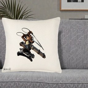 Perna Personalizata Attack on Titan Eren Yeager Lupta, 40x40 cm, Crem Reliefat, Husa Detasabila, Perna Inclusa, BEKZ®