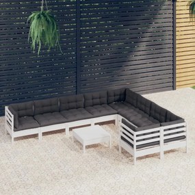 3096990 vidaXL Set mobilier grădină cu perne, 10 piese, alb, lemn de pin
