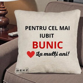 Cadou pentru Bunic - Perna Personalizata Pentru Cel Mai Iubit Bunic La Multi Ani Rosu, 40x40 cm, Bej Canapea, Husa Detasabila, Perna Inclusa, BEKZ®
