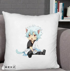 Perna Personalizata Gintama Gintoki Chibi Pisica, 40x40 cm, Alb Pufos, Husa Detasabila, Perna Inclusa, BEKZ®