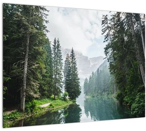 Tablou pe sticlă lacului în pădure (70x50 cm)