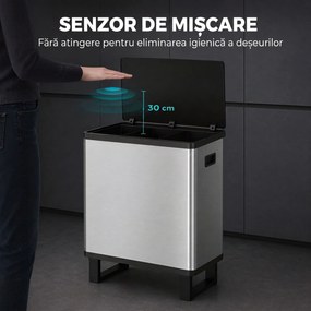HOMCOM Coș de gunoi automat cu senzor, 54 L, 3 compartimente, oțel inoxidabil, argintiu | Aosom Romania