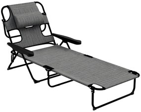 Outsunny Șezlong de grădină pliabil cu spătar reglabil în 4 poziții, orificiu pentru citit și pernă suport cap 72L x 194l x 31H cm Gri | Aosom Romania