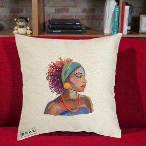 Perna Decorativa Portret Femeie Urbana Acuarela, 40x40 cm, Ecru, Husa Detasabila, Perna Inclusa, BEKZ®