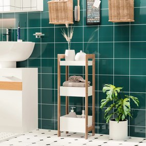 HOMCOM Dulapior Compact Baie, Raft Multifuncțional cu 3 Etajere, din MDF și Bambus, 27.5x20.8x74 cm, Alb | Aosom Romania