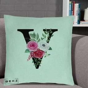 Cadou Personalizat - Perna Personalizata Monograma Florala Litera V cu Buchet, 40x40 cm, Verde Menta, Husa Detasabila, Perna Inclusa, BEKZ®