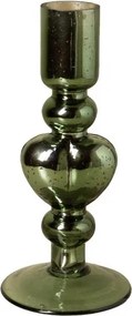 Sfeșnic din sticlă cu inimă sculptată, verde-maro, finisaj lucios, 17×8 cm, „Coeur Vert"