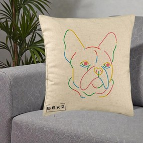 Perna Decorativa Bulldog Francez Line Art Curcubeu, 40x40 cm, Bej, Husa Detasabila, Perna Inclusa, BEKZ®