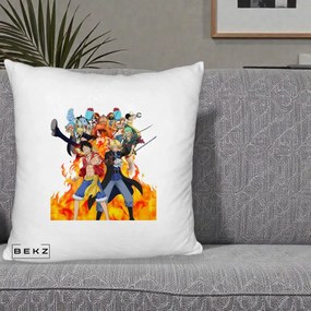 Perna Personalizata One Piece Echipa Straw Hat in Flacari, 40x40 cm, Alb Pufos, Husa Detasabila, Perna Inclusa, BEKZ®