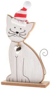 Pisică din lemn cu clopoțel și căciulă tricotată, 29 cm