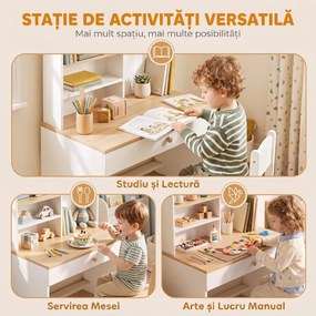 AIYAPLAY Birou pentru Copii, Masă de Studiu cu Bibliotecă și Sertar 3-8 Ani, Alb | Aosom Romania
