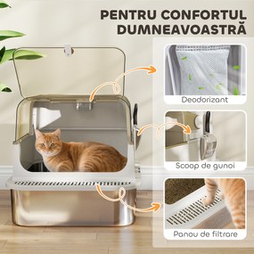 Litieră pentru Pisici PawHut XXL din Oțel Inoxidabil cu Capac Rabatabil la 90° Gri | Aosom Romania