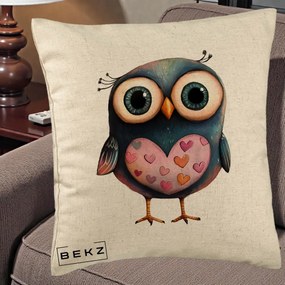 Perna Decorativa Bufnita cu Inimioare Roz, 40x40 cm, Bej, Husa Detasabila, Perna Inclusa, BEKZ®