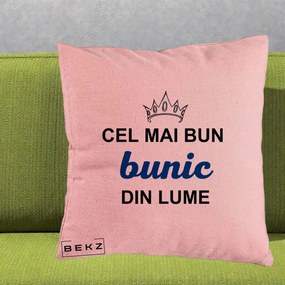 Cadou pentru Bunic - Perna Personalizata Cel Mai Bun Bunic Din Lume Coroana Albastra, 40x40 cm, Roz, Husa Detasabila, Perna Inclusa, BEKZ®