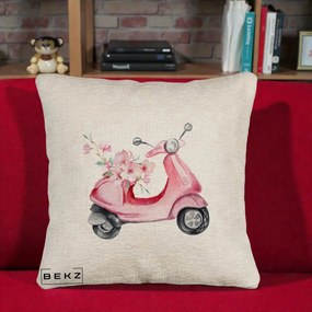 Perna Decorativa Scuter Roz cu Flori Acuarela, 40x40 cm, Bej Canapea, Husa Detasabila, Perna Inclusa, BEKZ®