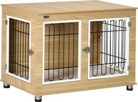 PawHut Cușcă pentru Câini de Talie Medie și Mare cu 2 Uși Blocabile și Pernă Lavabilă, 90x58x65 cm, Stejar | Aosom Romania