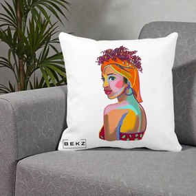Perna Decorativa Portret Femeie Colorat Pop Art, 40x40 cm, Alba Mata, Husa Detasabila, Perna Inclusa, BEKZ®