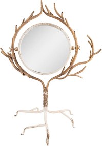 Oglinda de masa, bej, din metal, cu detalii in forma de coarne de cerb, aspect vintage, 51x37x65 cm