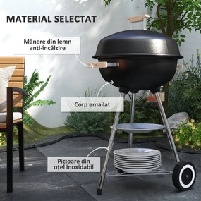 Outsunny Grătar cu Cărbuni, Grilaj Metalic, Capac, Orificii de Aerisire, Roți, Raft și Mâner, 48x56x94 cm, Negru | Aosom Romania