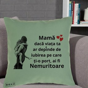 Cadou pentru Mama - Perna Personalizata Mama Nemuritoare Gravura Vintage, 40x40 cm, Verde, Husa Detasabila, Perna Inclusa, BEKZ®