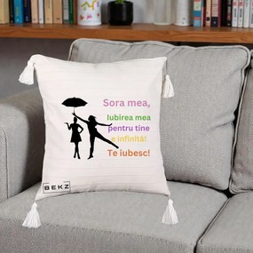 Cadou pentru Sora - Perna Personalizata Sora Mea Te Iubesc Siluete Colorate Umbrela, 40x40 cm, Bej cu Franjuri, Husa Detasabila, Perna Inclusa, BEKZ®