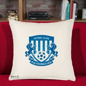 Perna Personalizata FC Politehnica Iasi Fotbal, 40x40 cm, Crem Reliefat, Husa Detasabila, Perna Inclusa, BEKZ®