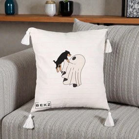 Perna Decorativa Caine Rottweiler Fantoma Halloween, 40x40 cm, Bej cu Franjuri, Husa Detasabila, Perna Inclusa, BEKZ®