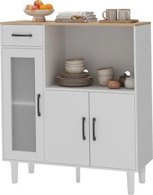HOMCOM Bufet dulap de bucătărie cu sertar, 2 dulapuri, compartiment deschis, ușă acrilică nervurată 80 x 34 x 91 cm Alb+Stejar | Aosom Romania