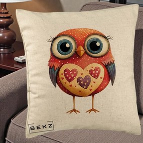 Perna Decorativa Bufnita Rosie cu Inimi Aurii, 40x40 cm, Bej, Husa Detasabila, Perna Inclusa, BEKZ®