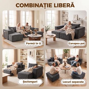 HOMCOM Canapea modulară în U, 3 locuri, fără cadru, cu 2 taburete, șezut și cotiere late, din chenille, gri închis | Aosom Romania